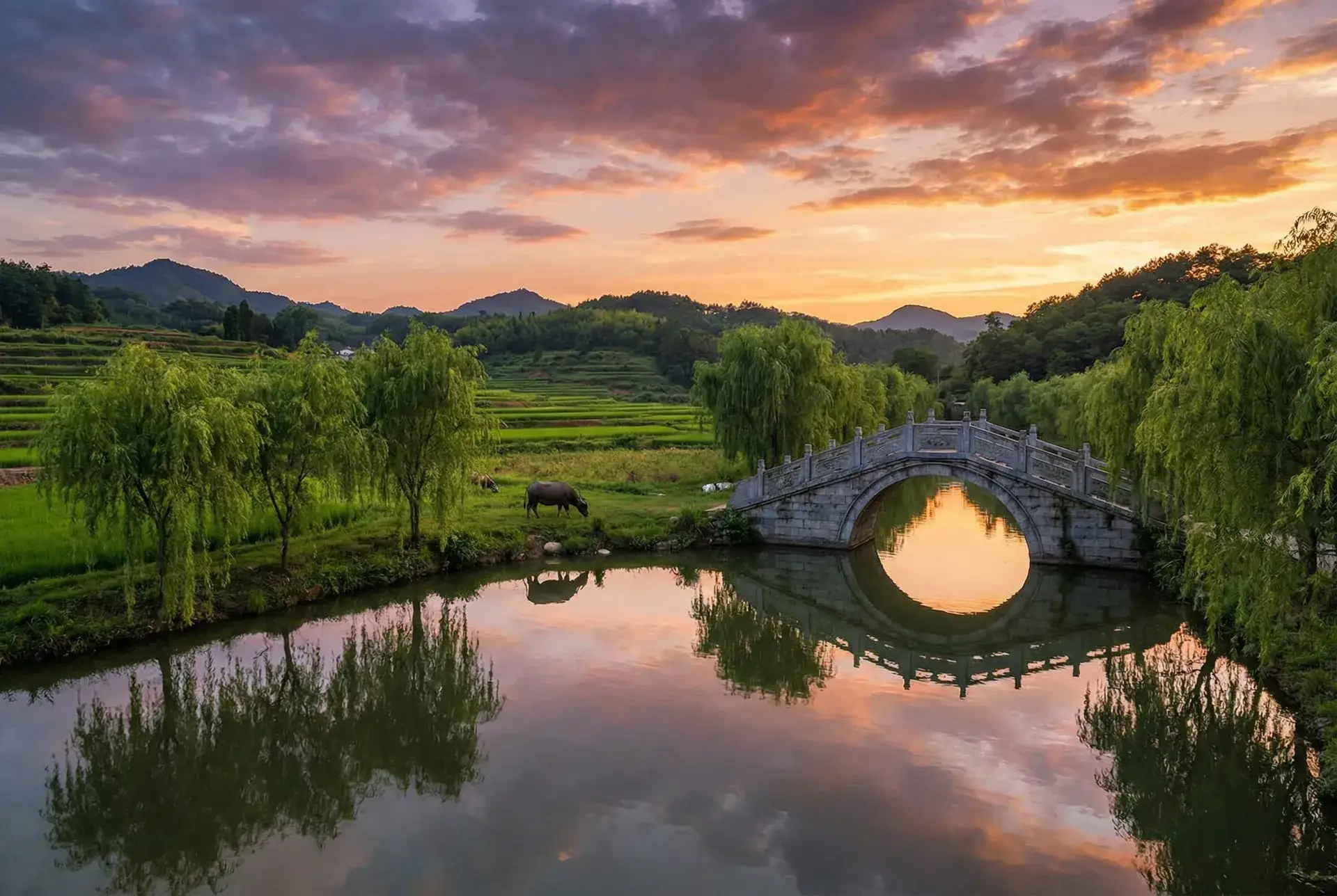 夕阳下的石拱桥与垂柳，水牛在河边吃草 - av在线免费观看 乡村美景